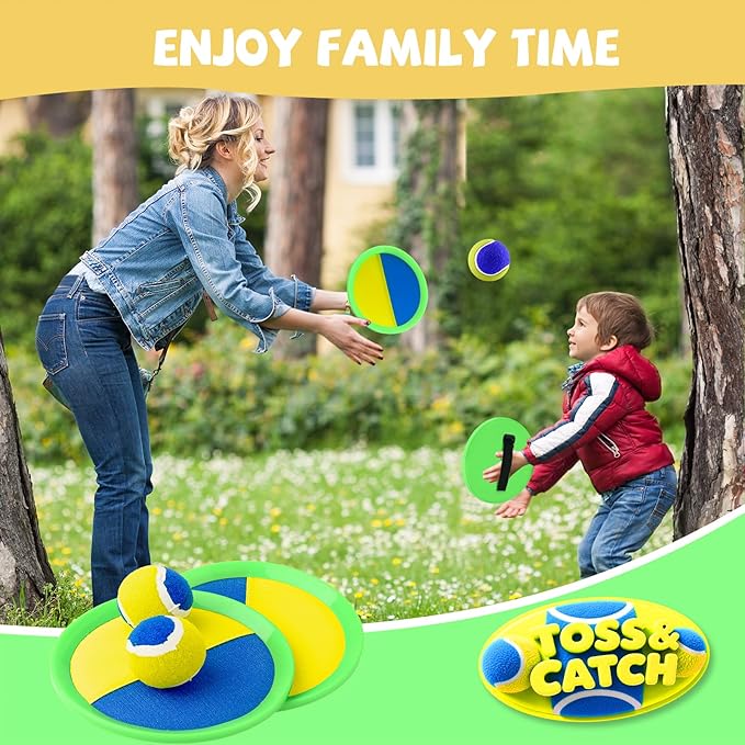 Outdoor Games - Beach Toys, Toss and Ball Set with 4 Paddles and 3 Balls, Perfect Yard Games Sets, Playground Sets for Backyards Easter Birthday for Kids/Adults/Family