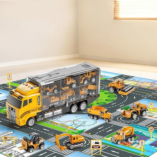 Toddler Boys Construction Truck Vehicle Toy Set with Play Mat and Die-Cast Toy Car, Transport Carrier Truck for Kids 3-5, Birthday Gifts Toys for 3-8 Year Old Boys