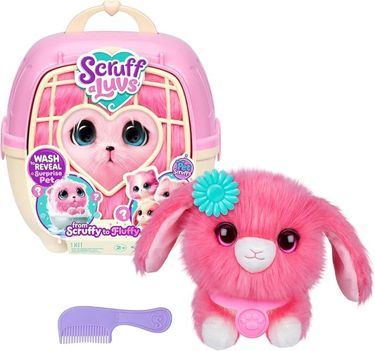 SCRUFFALUVS Pink Surprise Pet, Mystery Plush Toys, Stuffed Animals, Wash to Reveal 1 of 3 Rescue Pets: Puppy, Bunny, or Kitty - Includes 8.7" Deluxe Pet Carrier - Styles May Vary