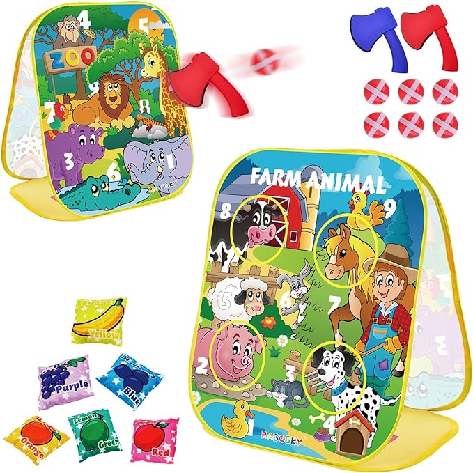 RaboSky 3-in-1 Farm Animals Bean Bags Toss Axes Throwing Sticky Balls Game for Kids 2 3 4 5 Toddlers Indoor Outdoor Sports Activities Toys Gifts for Boys Birthday Easter Christmas Stocking Stuffer