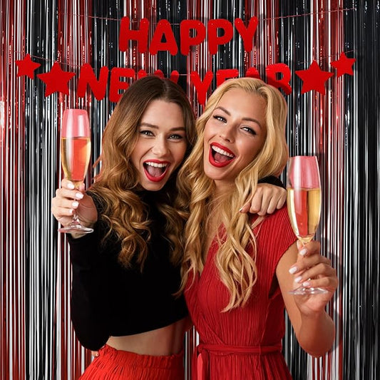 BRAVESHINE Tinsel Photo Backdrop Curtains - 2 Pack 3.2x8.2ft Black Red Foil Fringe Streamer Curtain for Halloweens, Lantern, Pumpkin, Home, Indoor or Outdoor Party Supplies Decorations