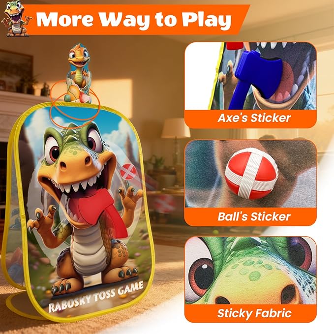 RaboSky 4-in-1 Dinosaur Bean Bag Toss Game for Kids Ages 3-5 4-8, Big Birthday Party Gifts & Fun Outdoor Activities for Boys, Toddlers with 6 Fruit Beanbags, 6 Rings, 6 Sticky Balls & 2 Axes
