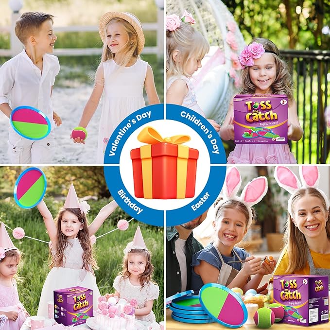 Aywewii Fun Toss and Catch Ball Set Kids Games, Beach Outdoor Backyard Lawn Toys for Kids with 6 Paddles and 3 Balls, Birthday Gift for Age 3-12 Old Boys Girls Kids Adults Family