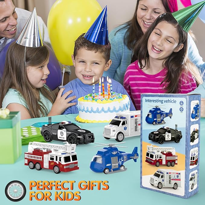 COVTOY 4 Pack Emergency Vehicles with Lights & Siren Sounds - Fire Truck, Ambulance, Police Car & Helicopter - Friction Powered Toys for Boys 3-6