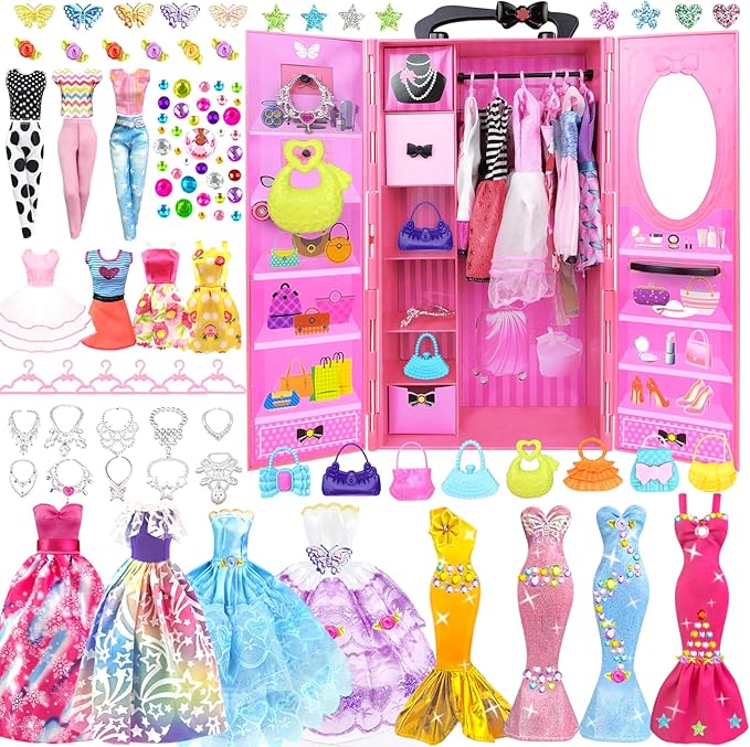 75PCS Doll Clothes and Accessories with Closet for 11.5 Inch Doll - Fashion Design Set Including Wedding Dress Fashion Dresses Outfits Tops and Pants Hangers Bags for Girls