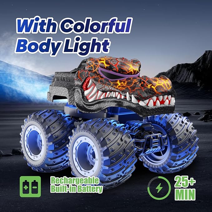 Remote Control Monster Car, 2.4GHz RC Crocodile Monster Truck Toys for 3 4 5 6 7 8 Years Old Boys Kids, All Terrain RC Truck Off Road with Spray, Light, Rechargeable Battery, Christmas Birthday Gifts