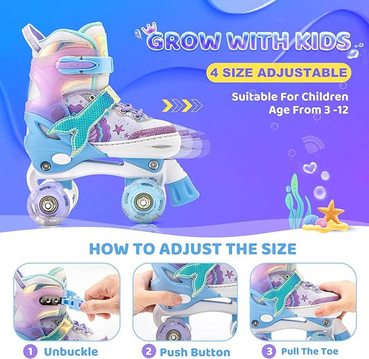 NEMONE Mermaid 4 Size Adjustable Light up Roller Skates for Girls, Purple Blue Skates for Toddlers, Beginner Kids Butterfly Roller Skates Indoor Outdoor