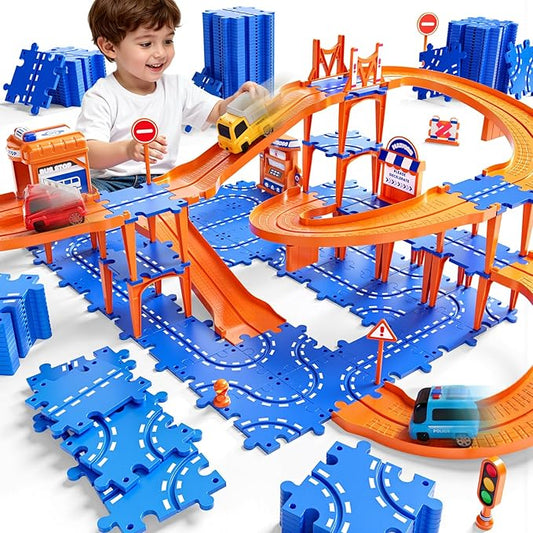 Puzzle Race Car Track Set for Kids 3-5, Floor Puzzle Track Car Set, Toddler Toys for 3 4 5 6 Years Old Boys, Toys Gift for Kids Boys Girls Age 3 4 5 6 7 8 Years Old