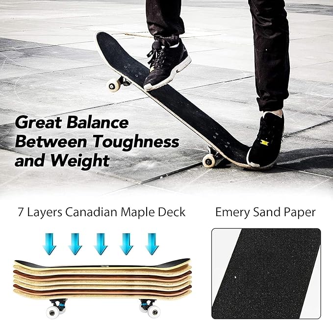 Skateboards for Beginners Kids Boys Girls and Adults 31"x8" Pro Complete Skateboard 8 Layers Maple Wood, Double Kick Concave, Fascinating Cool, Solid&Durable