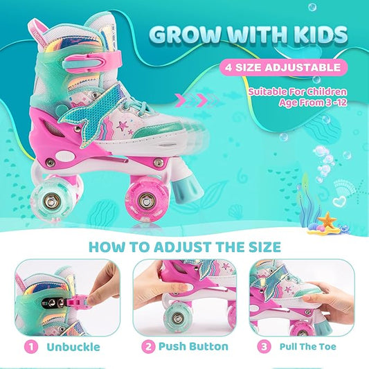 NEMONE Mermaid 4 Size Adjustable Light up Roller Skates for Girls, Purple Blue Skates for Toddlers, Beginner Kids Butterfly Roller Skates Indoor Outdoor