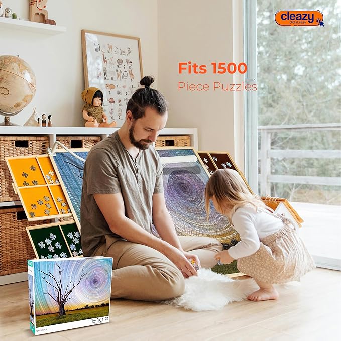 CLEAZY 1500-Piece Wooden Puzzle Table with 360° Rotating Lazy Susan, Adjustable Tilt Stand, 4 Storage Drawers & LED Lamp - Portable Board with Cover