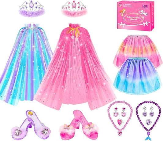 Jeowoqao Princess Dress Up, Dress Up Clothes for Girls Princess's Toys Set with Princesses Capes Shoes Dress Jewelry, Birthday Christmas Gifts for Toddles Girls 3 4 5 6 Years