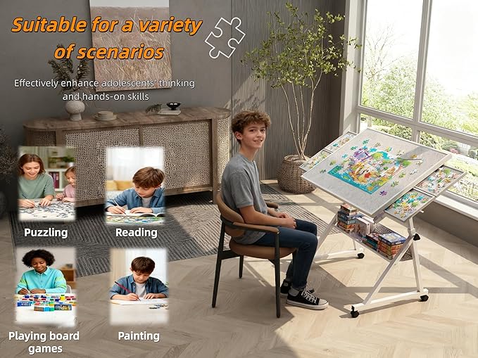 1500 Pieces Puzzle Table on Wheels with 4 Trays and Storage Shelves, Adjustable Tilt Angle 0-75 for Puzzle Board, Portable Puzzle Table for Adults, Easy to Move, Suitable for Living Room (White+gray)
