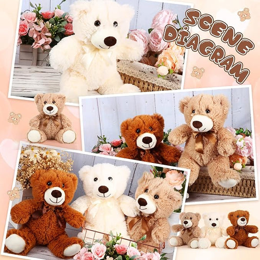 HyDren 6 Pcs Bear Stuffed Animal Plush Toys Soft Plush Dolls Bear Sleeping and Playing Toys for Baby Shower Decoration Boy(Long Plush,White, Brown, Beige)