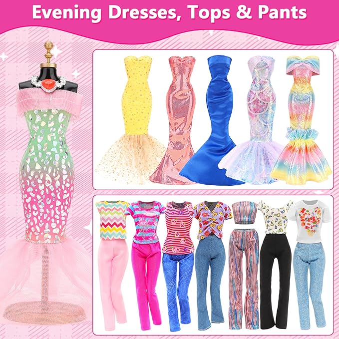 80 PCS Doll Clothes and Accessories 5 Wedding Gowns 9 Fashion Dresses 3 Tops 3 Pants 1 Evening Dresses 2 Swimsuits Bikini 20 Hangers 18 Shoes and 22 Accessories Toys for 11.5 inch Doll