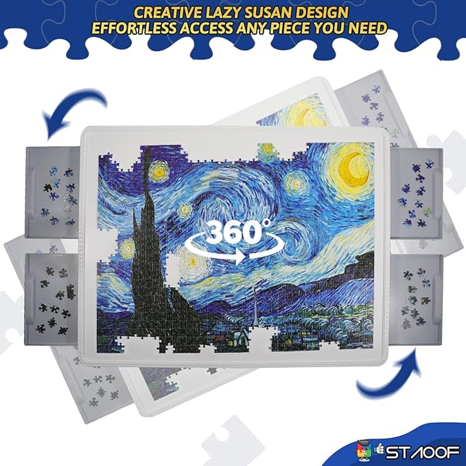 Puzzle Board, 1500 Pieces Plastic Rotating Puzzle Board with 4 Drawers and Protective Cover - 35"x27" Portable Jigsaw Puzzle Table for Adults - 360° Lazy Susan Spinning, Ideal Gift for Mom