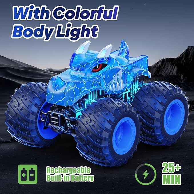 BAODLON Remote Control Monster Car, 2.4GHz RC Monster Trucks Toys for 3 4 5 6 7 8 Years Old Boys Kids, All Terrain RC Truck Off Road with Spray, Light, Rechargeable Battery, Christmas Birthday Gifts