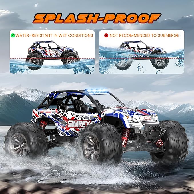 SIMREX 1/16 Scale Hobby RC Car, 36 KPH High-Speed 4WD RC Truck, 2.4 GHz Remote Control Car, All-Terrain Electric Vehicle, 4X4 Remote Contral Moster Truck for Kids and Adults