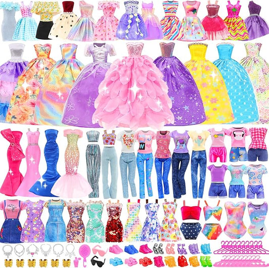 80 PCS Doll Clothes and Accessories 5 Wedding Gowns 9 Fashion Dresses 3 Tops 3 Pants 1 Evening Dresses 2 Swimsuits Bikini 20 Hangers 18 Shoes and 22 Accessories Toys for 11.5 inch Doll
