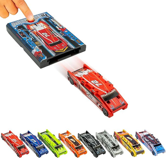 FLAT 2 FAST Original Stunt Card Racer – Flat Car Racer and Pocket Size Racecar Launcher with Built-in Button for Stunt Launching and Racing – Compact – Crimson Red