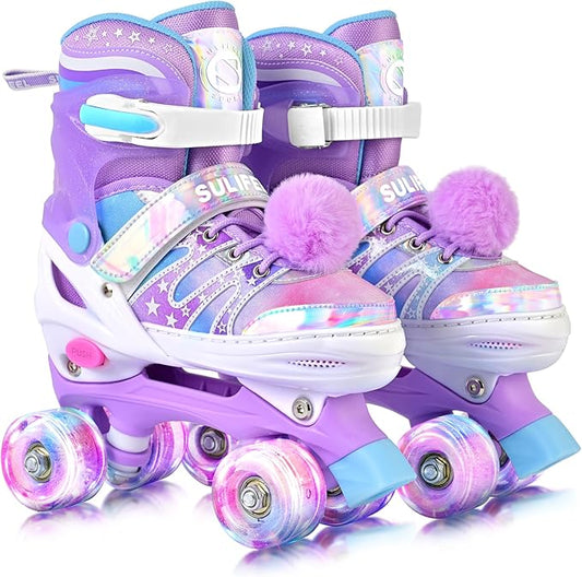 SULIFEEL Rainbow Tie-Dye Adjustable Roller Skates for Girls Kids Ages 3-5 5-8 6-12 Pink Purple Light Up Skate with Fluffy Pom Poms Triple Protection for Indoor Outdoor Skating