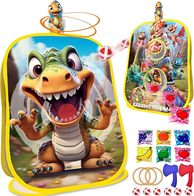 RaboSky 4-in-1 Dinosaur Bean Bag Toss Game for Kids Ages 3-5 4-8, Big Birthday Party Gifts & Fun Outdoor Activities for Boys, Toddlers with 6 Fruit Beanbags, 6 Rings, 6 Sticky Balls & 2 Axes