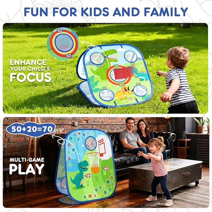Dinosaur Cornhole Games Set for Kids, 6-in-1 Bean Bag Toss Game,Basketball Dart Board, Sports Play and Learn Eduational Toys for Toddler, Indoor Outdoor Games Toys Gifts for Kids Age 3 4 5 6 7 8