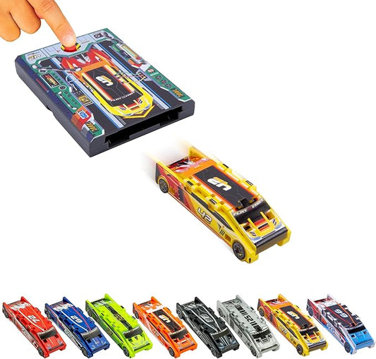FLAT 2 FAST Original Stunt Card Racer – Flat Car Racer and Pocket Size Racecar Launcher with Built-in Button for Stunt Launching and Racing – Compact – Yellow