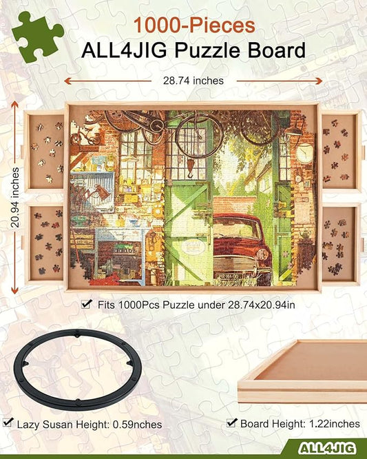 ALL4JIG 1000 Piece Rotating Puzzle Board with Drawers 20.94"x28.74"Portable Wooden Jigsaw Puzzle Table for Adults Portable,Lazy Susan Spinning Puzzle Boards Birthday Gift for mom