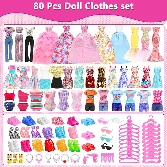 80 PCS Doll Clothes and Accessories 5 Wedding Gowns 9 Fashion Dresses 3 Tops 3 Pants 1 Evening Dresses 2 Swimsuits Bikini 20 Hangers 18 Shoes and 22 Accessories Toys for 11.5 inch Doll