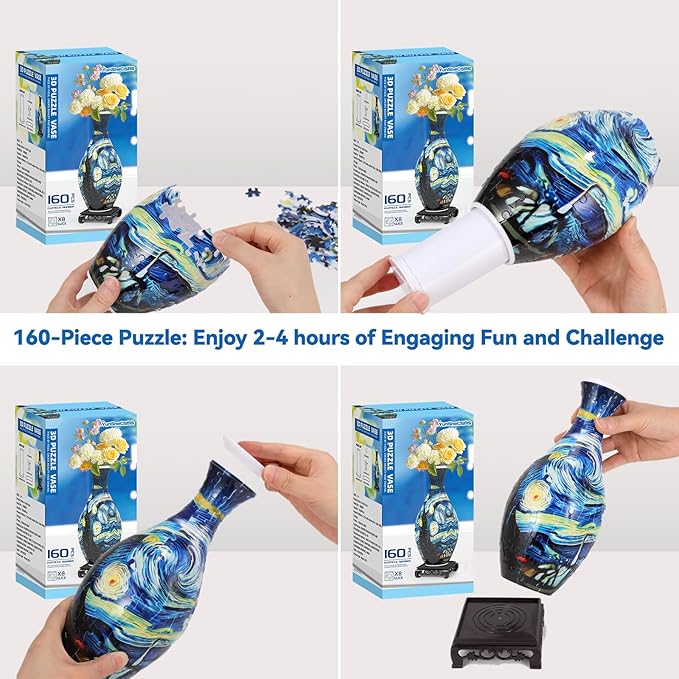 3D Puzzles Vase for Adults, Crafts for Adults, 160 Pieces Plastic DIY Unique Flower Vase with LED Light House Warming Gift Birthday Gifts for Flower Arrangements and Home Decor (Blue)