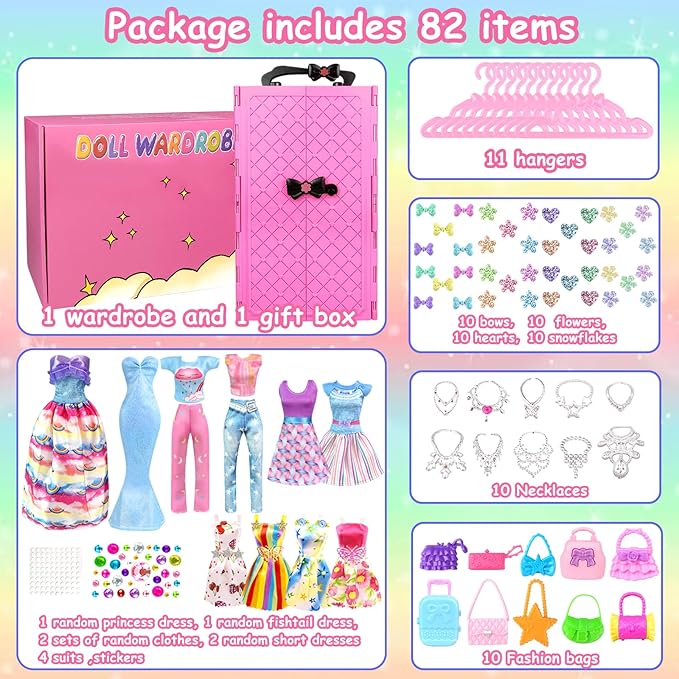 82PCS Doll Clothes and Accessories with Closet for 11.5 Inch Doll - Fashion Design Set Including Wedding Dress Fashion Dresses Outfits Tops and Pants Hangers Bags for Girls