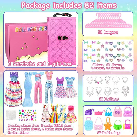 82PCS Doll Clothes and Accessories with Closet for 11.5 Inch Doll - Fashion Design Set Including Wedding Dress Fashion Dresses Outfits Tops and Pants Hangers Bags for Girls
