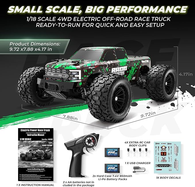 HAIBOXING 1:18 Scale RC Truck 18859E, 4X4 Off-Road Vehicle with Speeds up to 36km/h, Hobby Grade 2.4GHz Remote Control, Water-Resistant Electronics, Two 7.4V Li-Po Batteries for Extended Playtime
