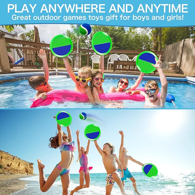 Outdoor Toys for Kids Ages 4-8, Outside Game for 3 4 5 6 7 8-12 Year Old Boys Girls, Catch Ball Toss Game for Pool, Beach, Yard- Toddlers Birthday Gifts Easter Basket Stuffers(4Pcs Green Paddles)