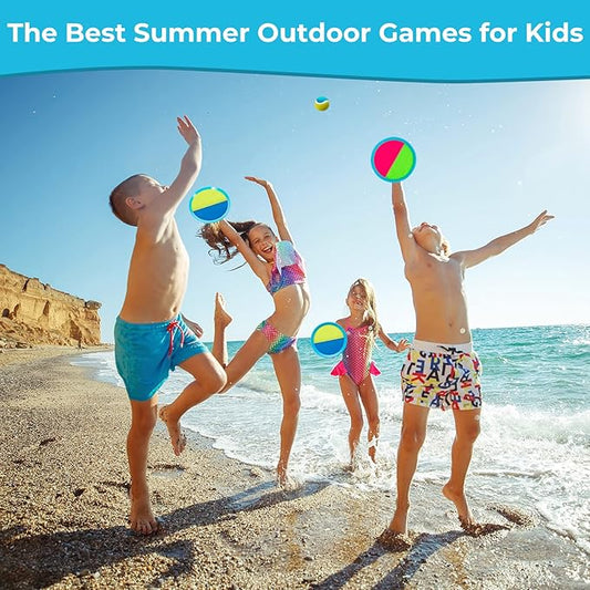 Kids Toys - Outdoor Games, Beach Toys, Toss and Ball Set with 4 Paddles and 3 Balls, Perfect Beach Games Sets Playground Sets for Backyards Easter Gifts for Kids/Adults/Family (Blue+Light Yellow)