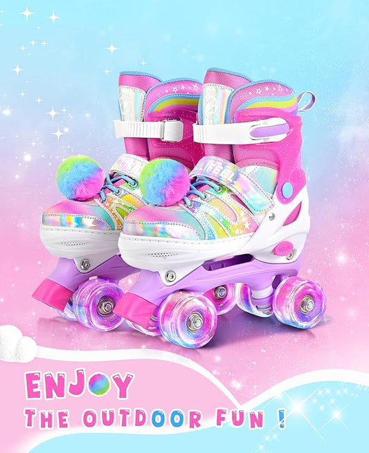 SULIFEEL Rainbow Tie-Dye Adjustable Roller Skates for Girls Kids Ages 3-5 5-8 6-12 Pink Purple Light Up Skate with Fluffy Pom Poms Triple Protection for Indoor Outdoor Skating