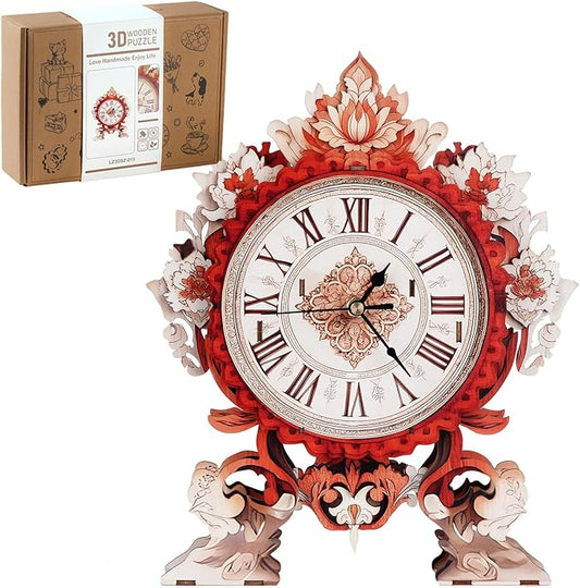 3D Wooden Puzzles for Adults, 3D Puzzles Flame Flower Clock Kit (with Pendulum), Wooden Puzzle for Adults Teens Home Wall Decor Clock Christmas Day Puzzle Gifts for Adults