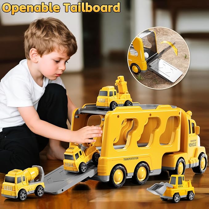 Construction Trucks Toys for 2 3 4 5 Years Old Boys - 5-in-1 Carrier Transport Vehicle Truck for Toddlers 2-4 Years with Crane, Mixer, Pushdozer and Excavator, Car Toys Birthdays Gift