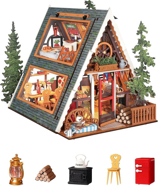 Rolife DIY Miniature House Kit A-Frame Cabin, 3D Wooden Puzzle Tiny House with Openable Skylight for Teens & Adults, Cozy Forest Cabin Décor, Creative Gift for Birthday & Holidays