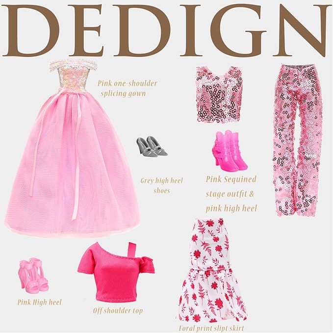 15 Pieces 11.5 Inch Girl Dolls Fashion Pack 6 Set Doll Clothes Include Chic Suits Party Gown Sequin Outfit Stylish Dress 6 Pairs of Shoes 3 Accessories for Girl Dolls Clothing(NO Doll)