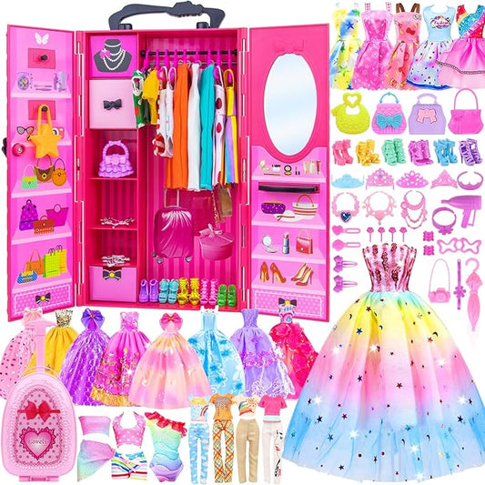 ZITA ELEMENT 11.5 Inch Girl Doll Closet Wardrobe with Clothes and Accessories Set 101 Pcs Including Wardrobe Suitcase Clothes Dresses Swimsuits Shoes Hangers Necklace Bags and Other Stuff