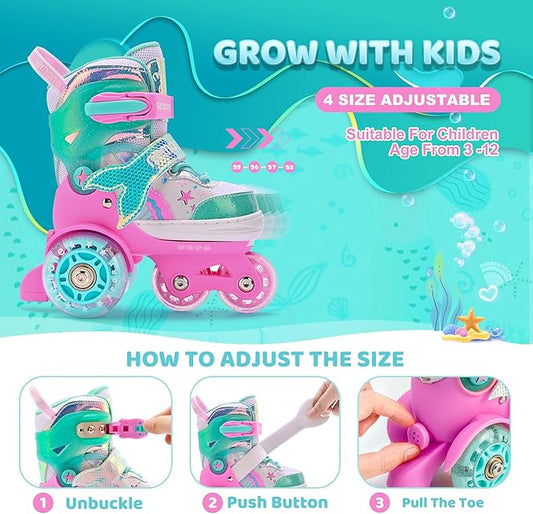 NEMONE Mermaid 4 Size Adjustable Light up Roller Skates for Girls, Purple Blue Skates for Toddlers, Beginner Kids Butterfly Roller Skates Indoor Outdoor