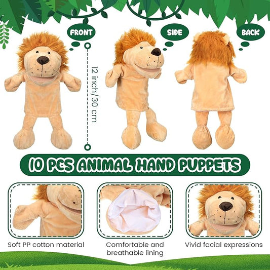 Wettarn 10 Pcs Animal Hand Puppets 12 Inch Soft Plush Plush Lion Orangutan Giraffe Tiger Pig Elephant Hand Puppets for Boys and Girls Storytelling, Teaching, Role Playing(Funny Style)