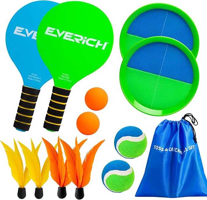 EVERICH Toss and Catch Ball Set & Paddle Ball, Outdoor Games for Kids Toys, Christmas Family Games, Beach Pool Camping Yard Game Outside Toys, Gifts for Boys Girls 3 4 5 6 7 8 9 10 11 12+ Years Old