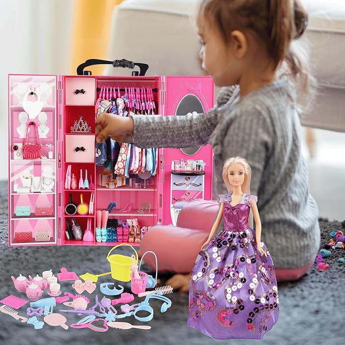 184 Piece Doll Wardrobe&Toy Folding Wardrobe - Includes Folding Wardrobe+Tent+Dog and Cat Pet House with Rich Accessories for Easy Storage