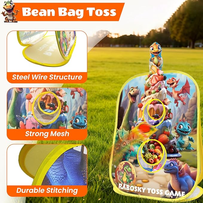 RaboSky 4-in-1 Dinosaur Bean Bag Toss Game for Kids Ages 3-5 4-8, Big Birthday Party Gifts & Fun Outdoor Activities for Boys, Toddlers with 6 Fruit Beanbags, 6 Rings, 6 Sticky Balls & 2 Axes