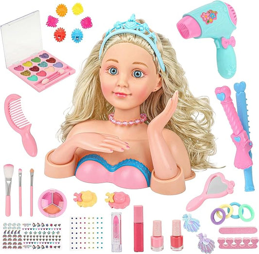 Hair Styling Doll Head Makeup Kit Girls Toys,Pretend Play Hair Salon Toy With Real Cosmetics Nail Polish,Hairdryer Curling Iron Hair Accessories Beauty Stylist Kit Girl Gifts 3 4 5 6+ Years Old