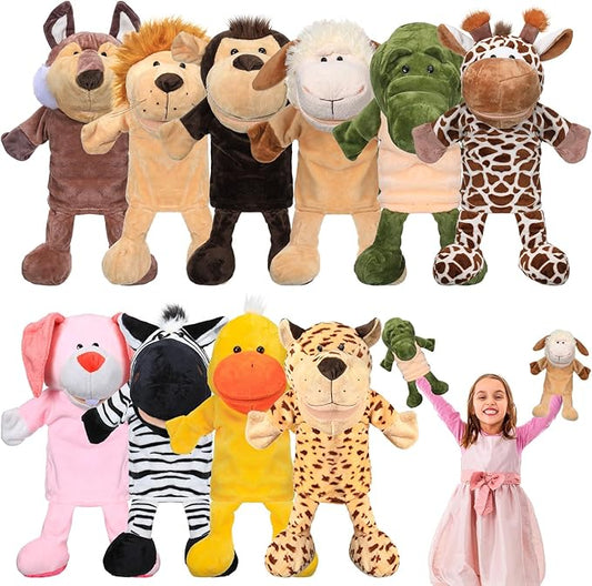 Wettarn 10 Pcs Animal Hand Puppets 12 Inch Soft Plush Plush Lion Orangutan Giraffe Tiger Pig Elephant Hand Puppets for Boys and Girls Storytelling, Teaching, Role Playing(Funny Style)