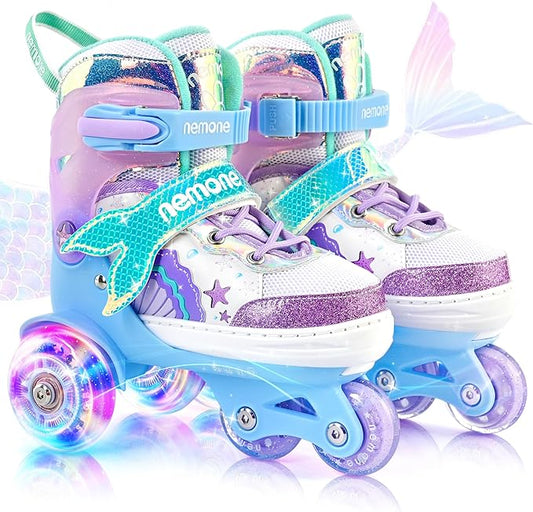 NEMONE Mermaid 4 Size Adjustable Light up Roller Skates for Girls, Purple Blue Skates for Toddlers, Beginner Kids Butterfly Roller Skates Indoor Outdoor